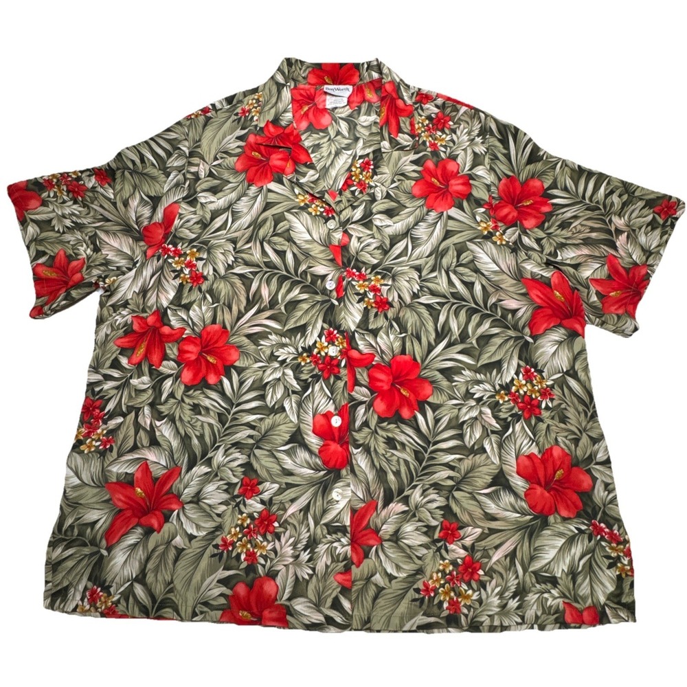 BonWorth Womens XL Tropical Hibiscus Floral‎ Button Up Short Sleeve Shirt
